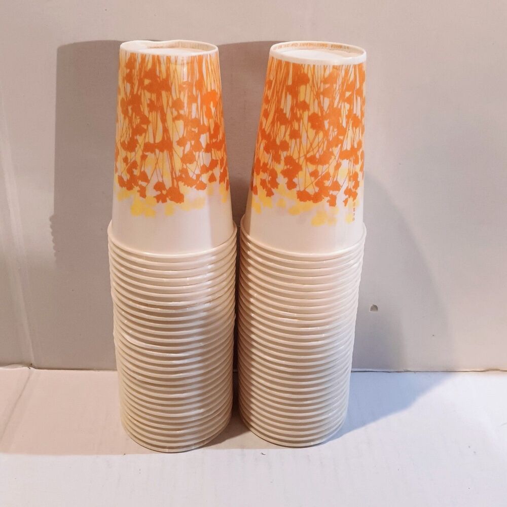 Vintage Sweetheart Orange & Yellow Flowers Waxed Paper Cups-Juice 5oz-Lot of 57